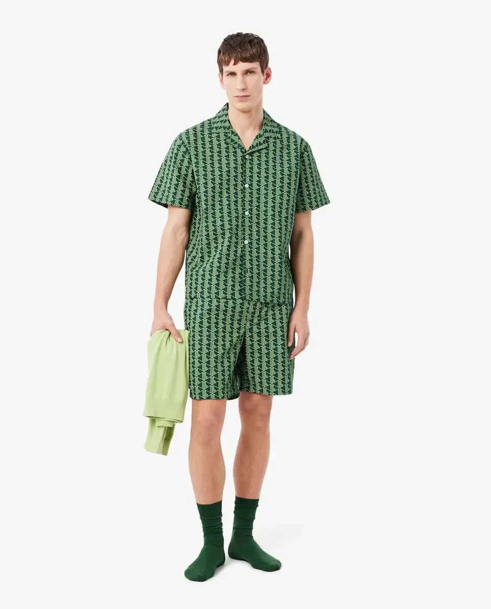 Lacoste Мужская пижамная рубашка из поплина с монограмменным принтом зеленого цвета с коротким рукавом — фото 4