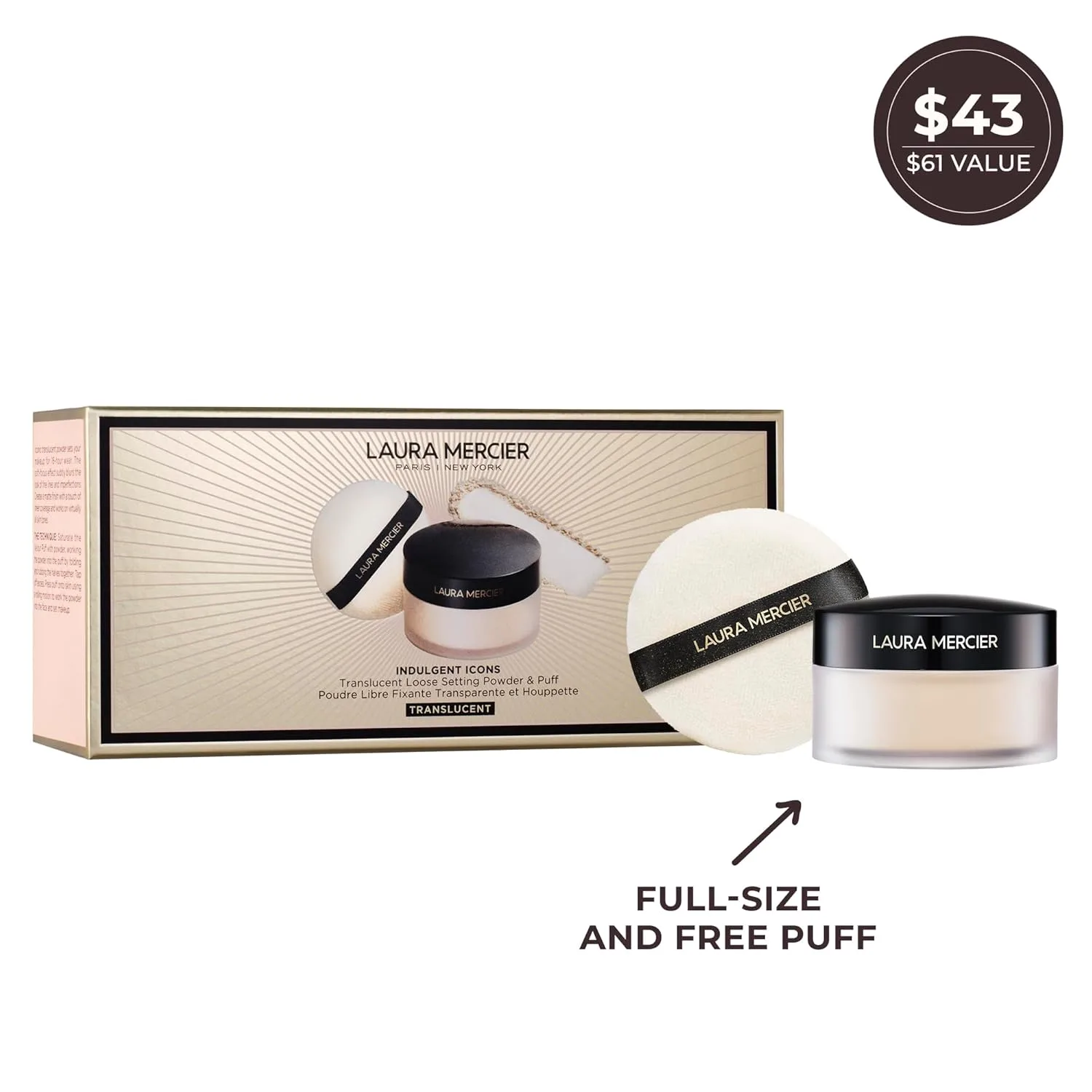 Laura Mercier Translucent Loose Setting Powder, контроль блеска на 24 часа, матовый финиш, стойкость, для нормальной и жирной кожи, 4 оттенка для всех тонов кожи, набор Artistry Icons 28.36 г (2 шт.), Translucent + Puff — фото 2