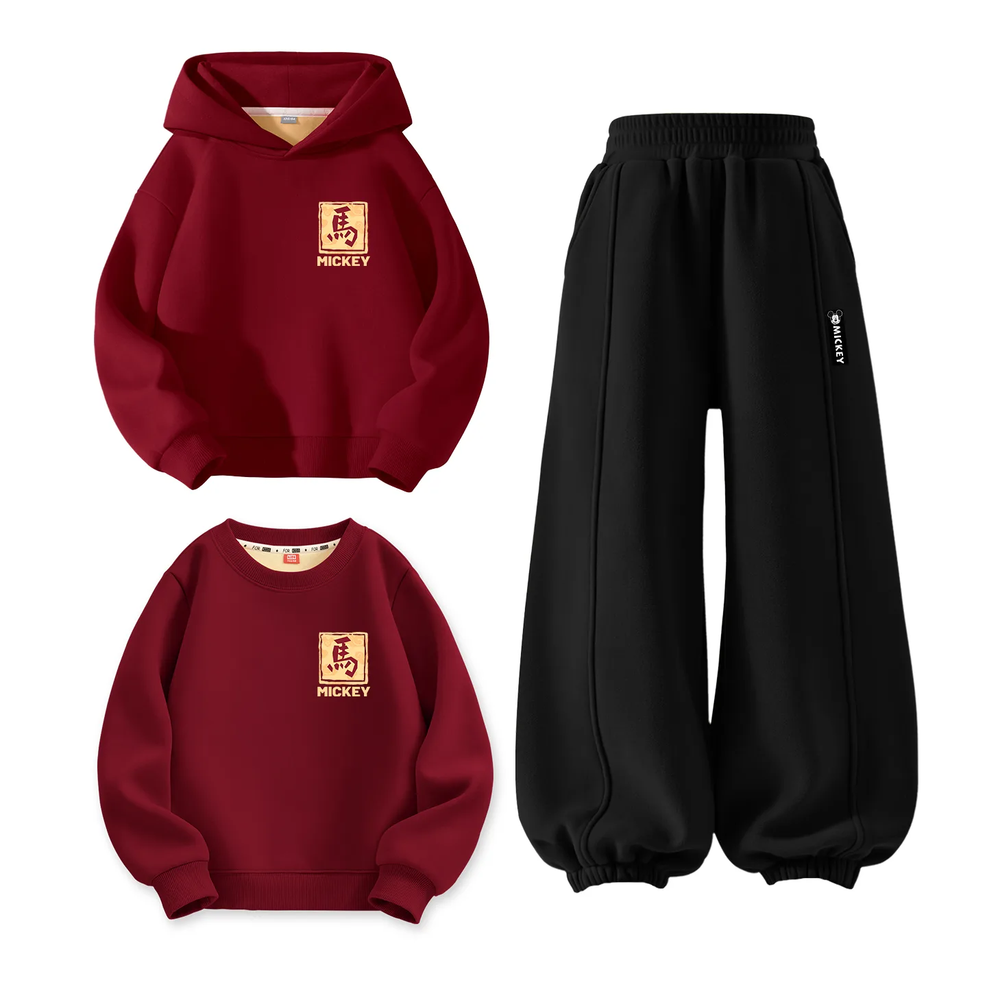 Детский спортивный комплект из 3 предметов Disney, [Thickened and Fleece-Lined]DeFuma Logo K Burgundy+DeH Long Hook-and-Loop K Black+DeFuma Logo K Burgundy