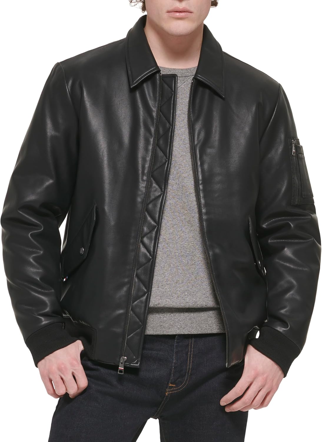 Мужская куртка-бомбер из искусственной кожи Tommy Hilfiger, Black Laydown Collar — фото 3