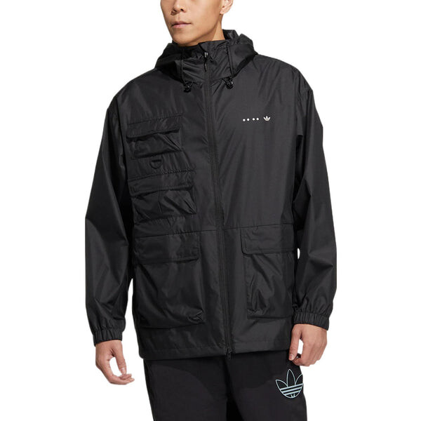 Куртка Men's adidas originals SS22 Solid Color Stand Collar Hooded Drawstring Sports Jacket Autumn Black, черный — фото 2