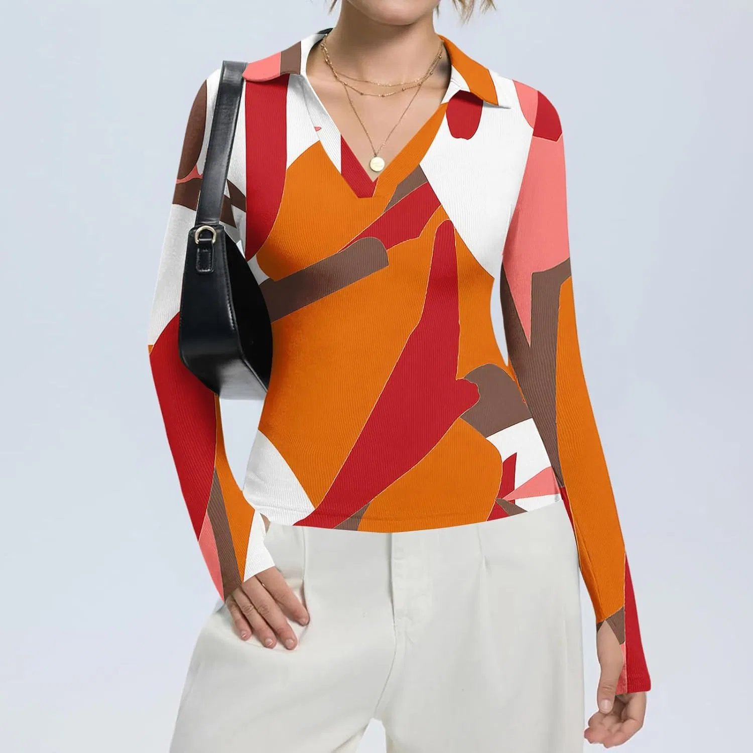 Женская футболка с V-образным вырезом, длинным рукавом, оверсайз, оранжевая — фото 3