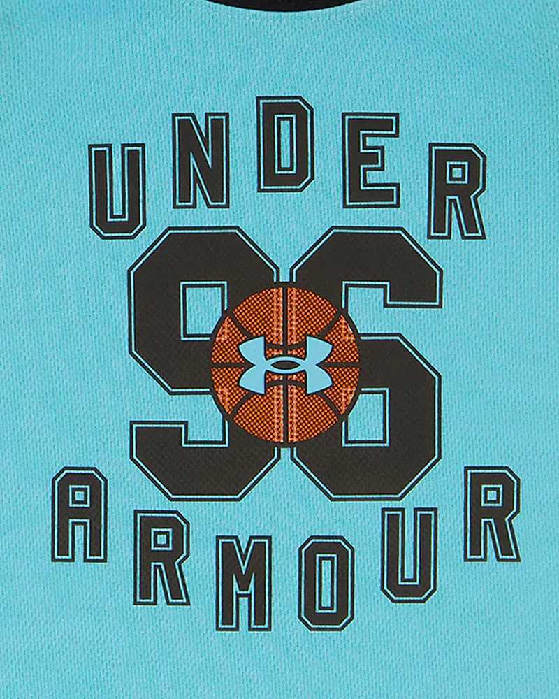 Комплект для мальчиков быстросохнущий, из майки и шорт UA Basketball Jersey UnderArmour, Fresco Blue/Black — фото 2