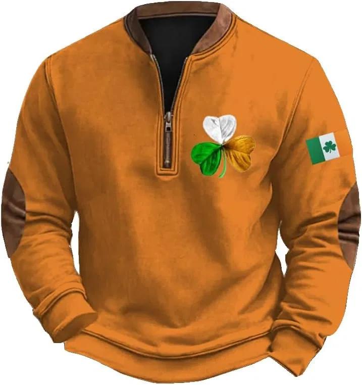 Мужская толстовка с принтом клевера, Zipper Collar Sweatshirt, Orange