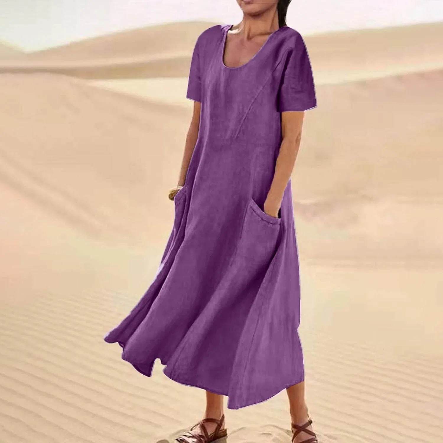 Женское летнее платье миди A-силуэта Cotton Linen, Purple — фото 2