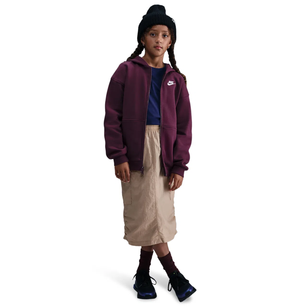 Худи для девочек Nike NSW Club Fleece Oversized LBR Full-Zip, цвет Bordeaux/White — фото 3