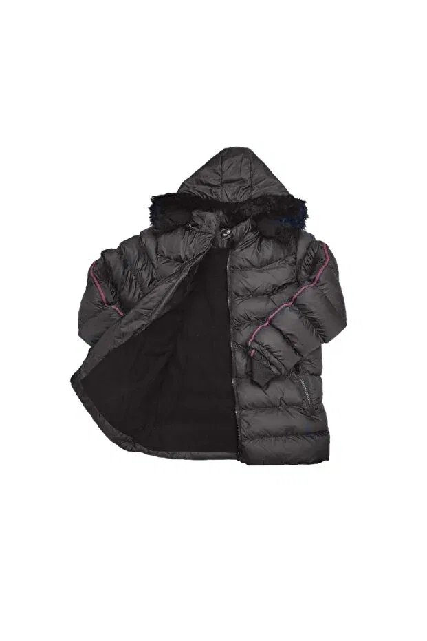 Детское пуховое пальто для девочек в полоску с капюшоном Lifeformoda, Black — фото 3