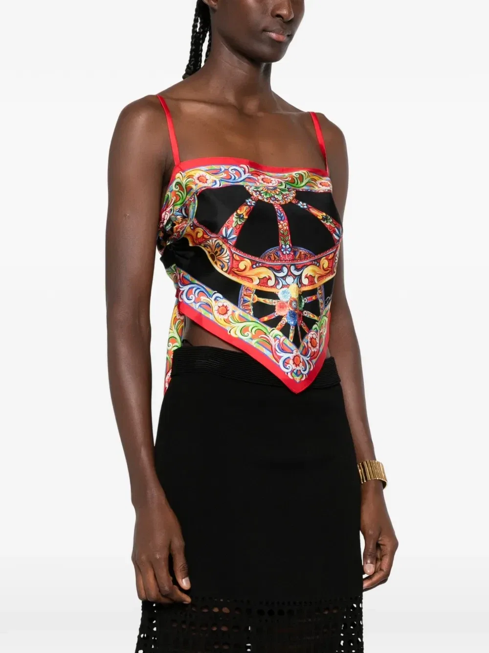 Шелковый топ с принтом Carretto Dolce & Gabbana, черный — фото 3