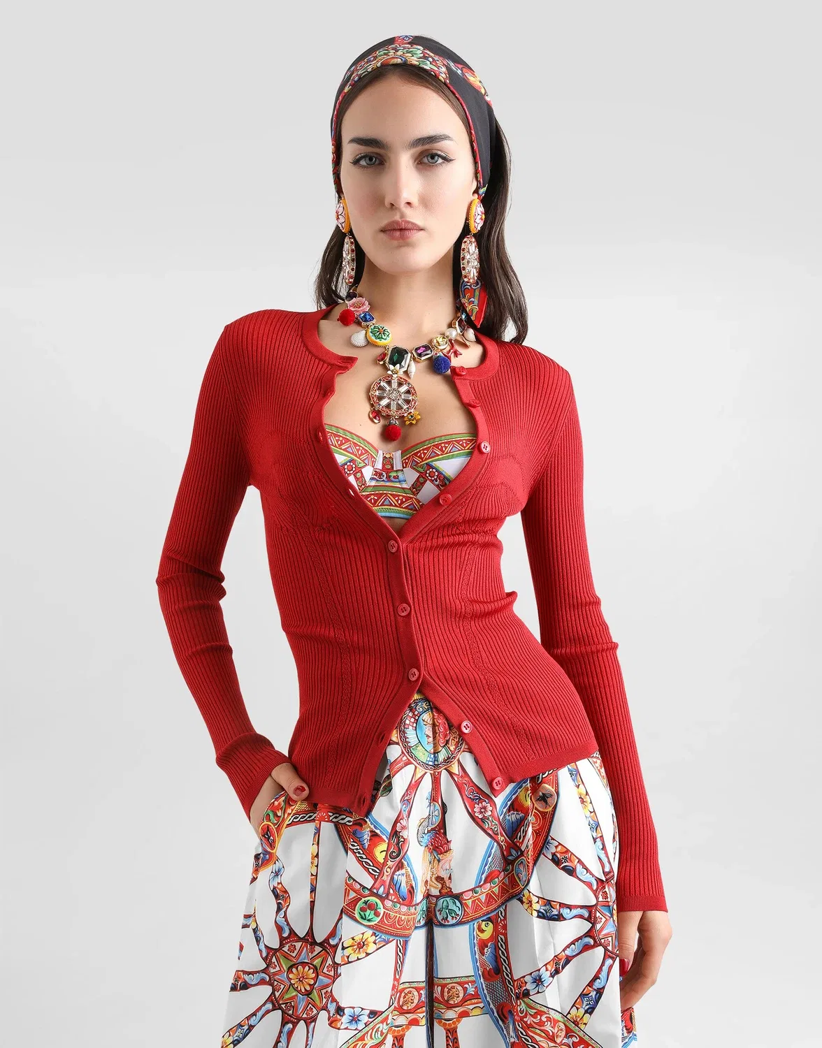 Кардиган из вискозной вязки в рубчик DOLCE & GABBANA, красный — фото 4