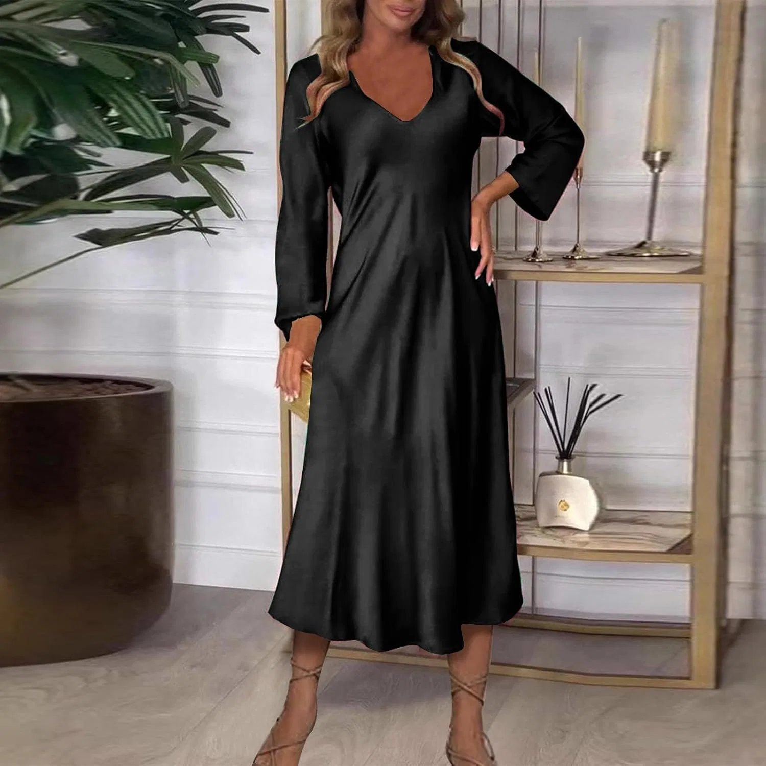 Женское платье миди свободного кроя V-образным вырезом Satin, Black — фото 3