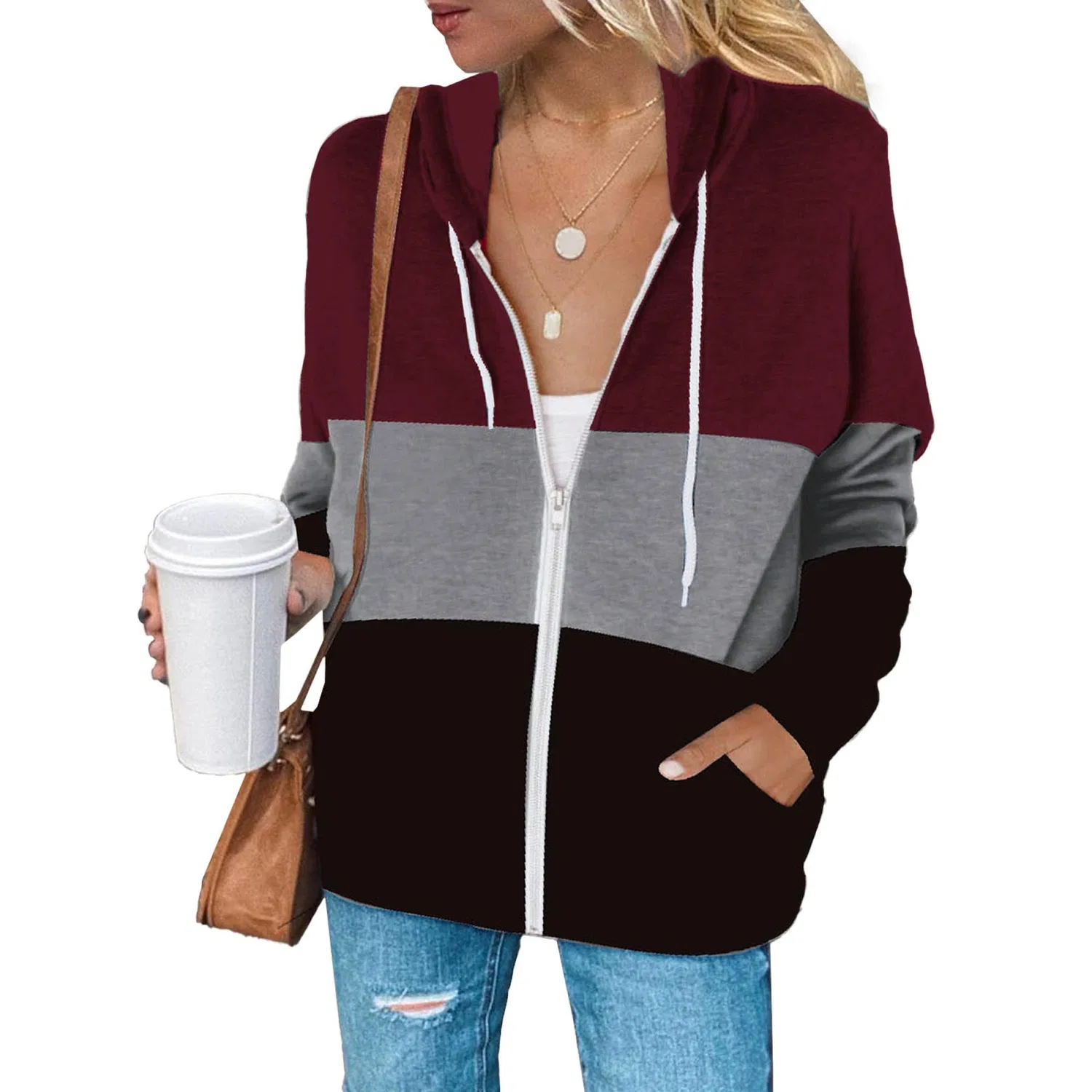 Женский худи с принтом Color Block Zip Up Hoodie, Red Grey