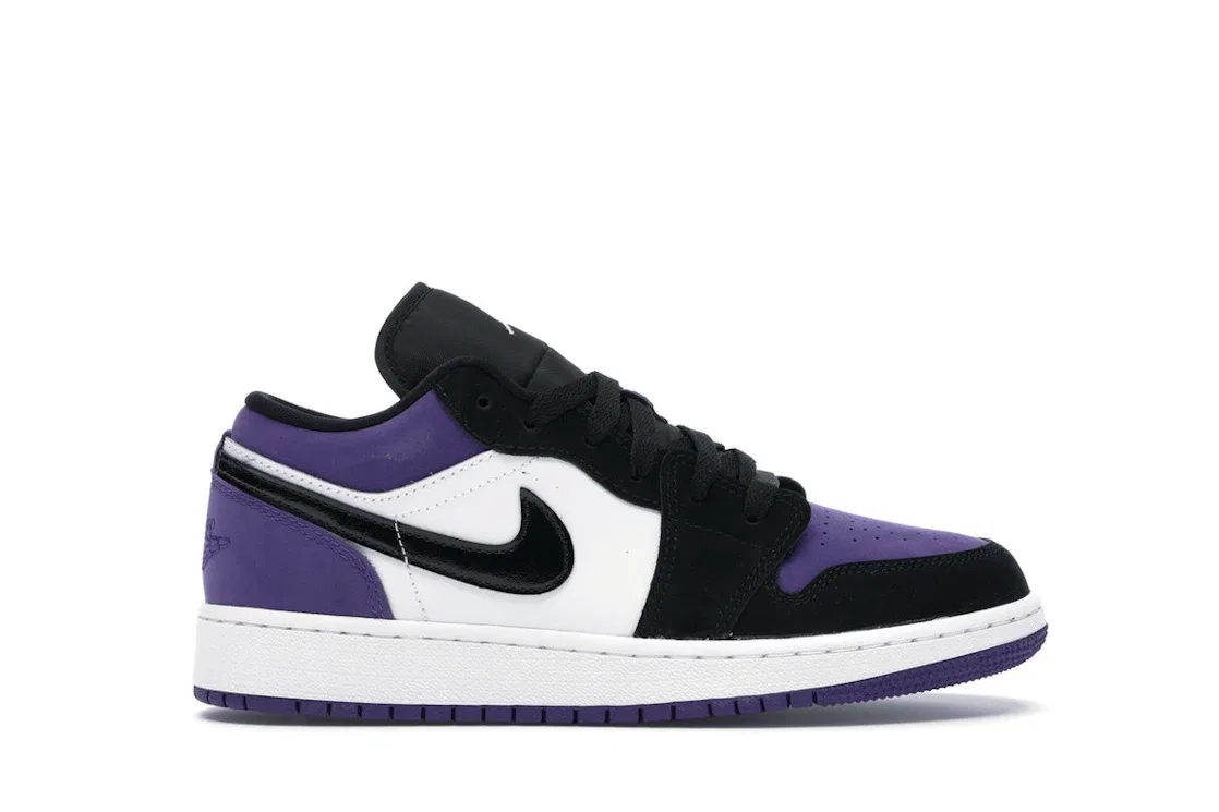 Детские кроссовки для мальчиков кожаные Jordan 1 Low, White/Black-Court Purple