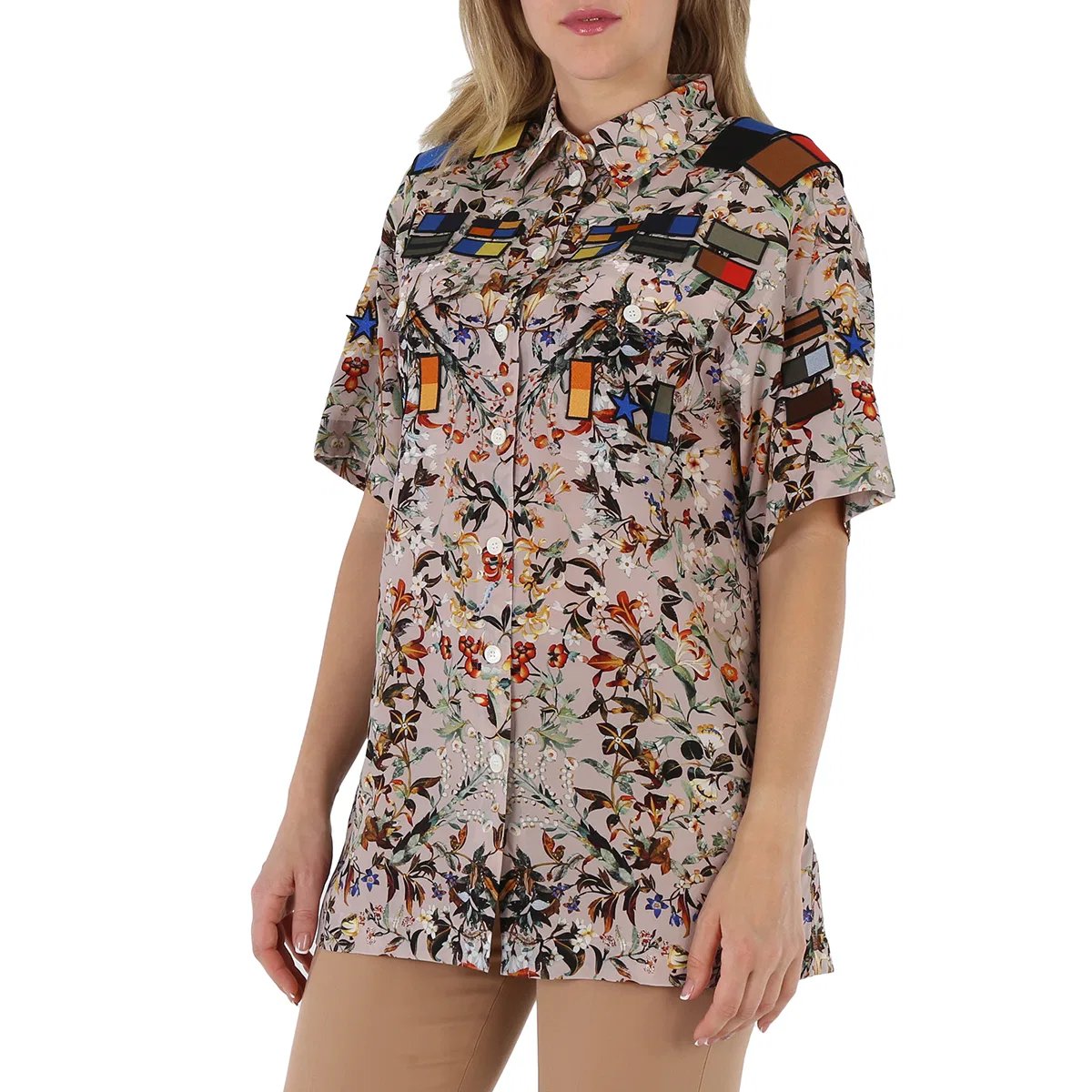 Блузка свободного кроя с принтом Badge Appliques Iris Floral-Print Burberry, Beige Ip Pttn — фото 3