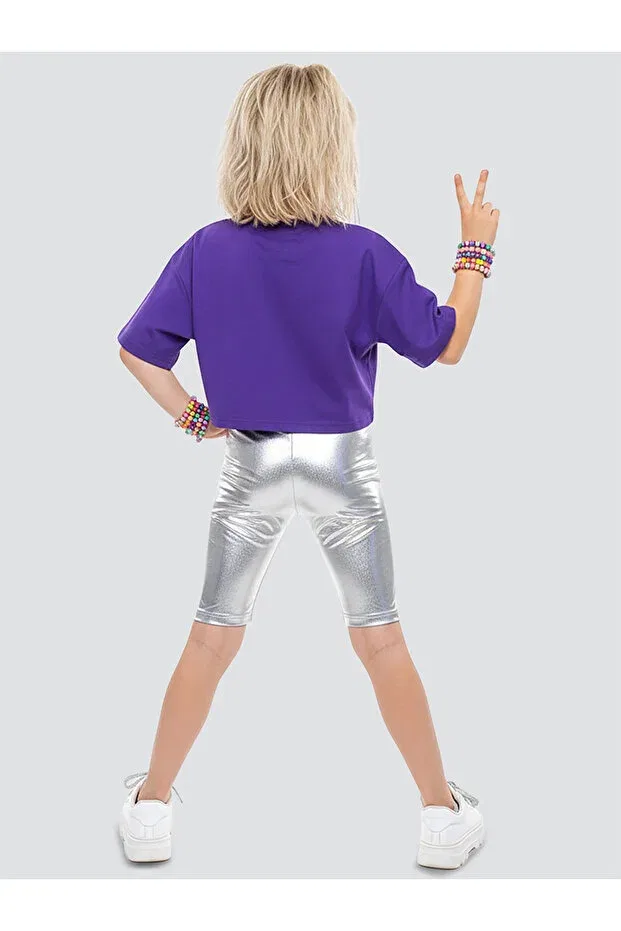 Детские леггинсы для девочек блестящие Denokids, Silver — фото 2