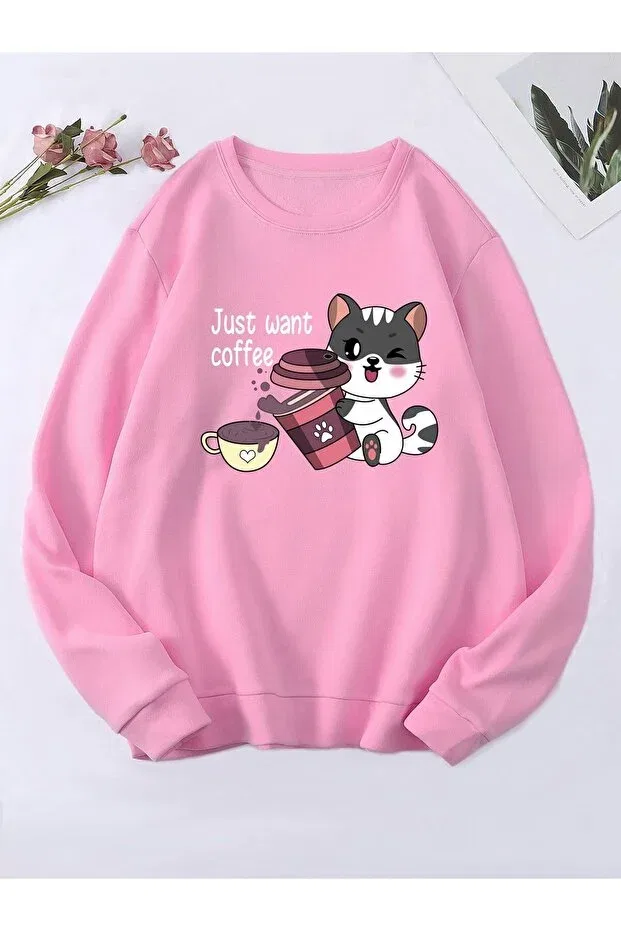 Детские свитшот для девочек с принтом Coffee Filling Cat Kids, Pink