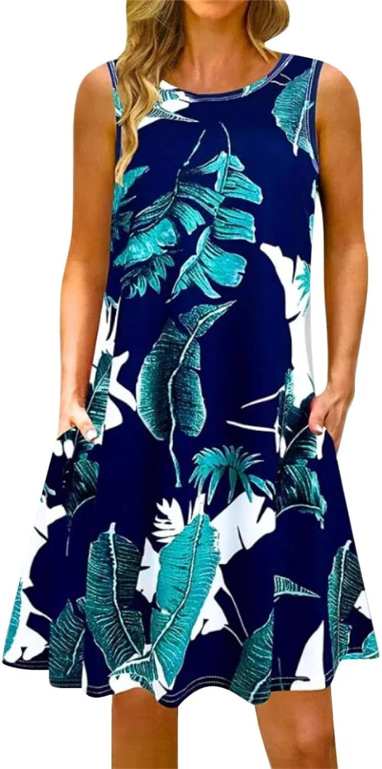 Женское летнее платье миди Casual Sleeveless Boho Floral Petite Sundress Plus Size Vacation Flowy, 04-dark Blue