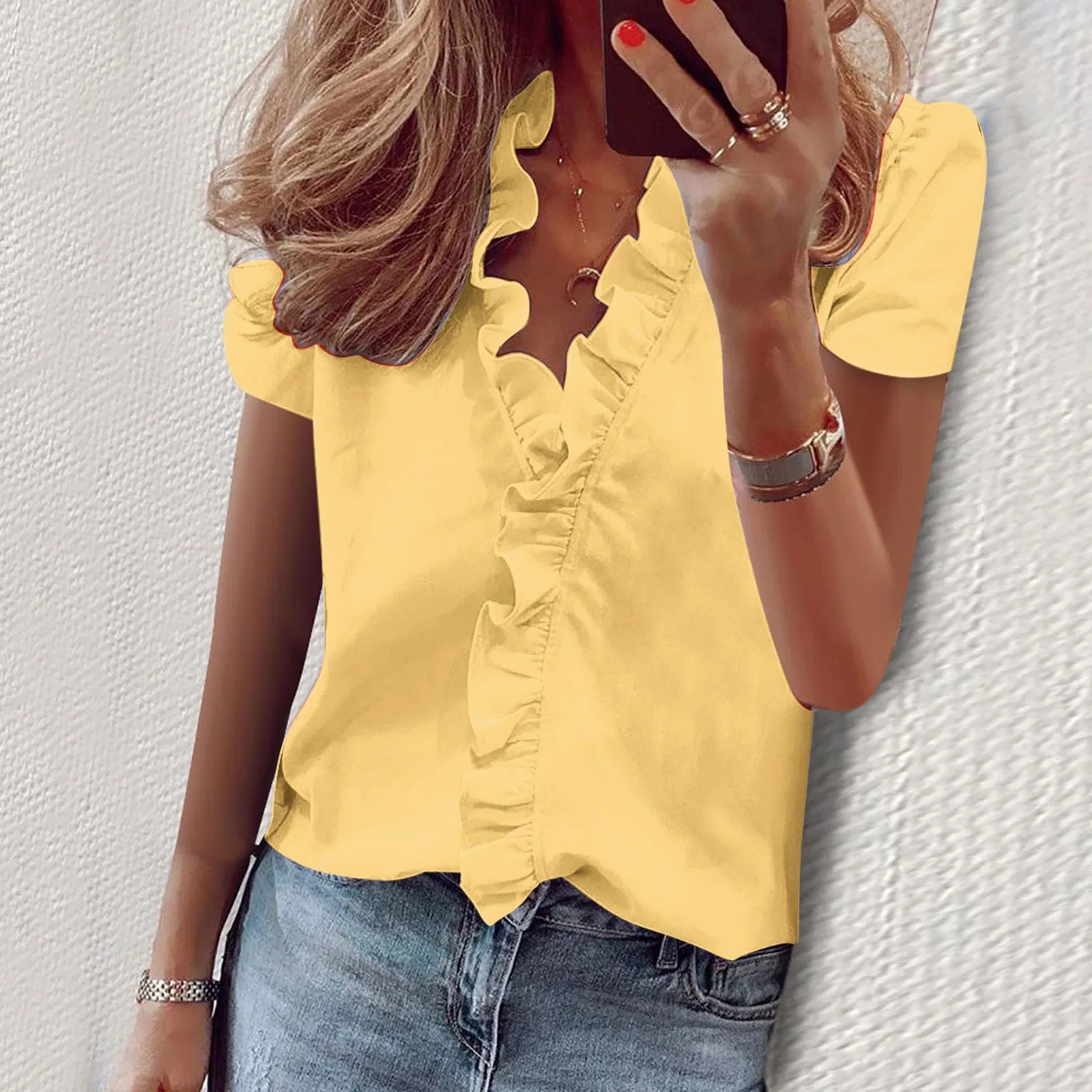 Женская блузка с V-образным вырезом и воланами, с коротким рукавом, Short Sleeve-yellow — фото 2