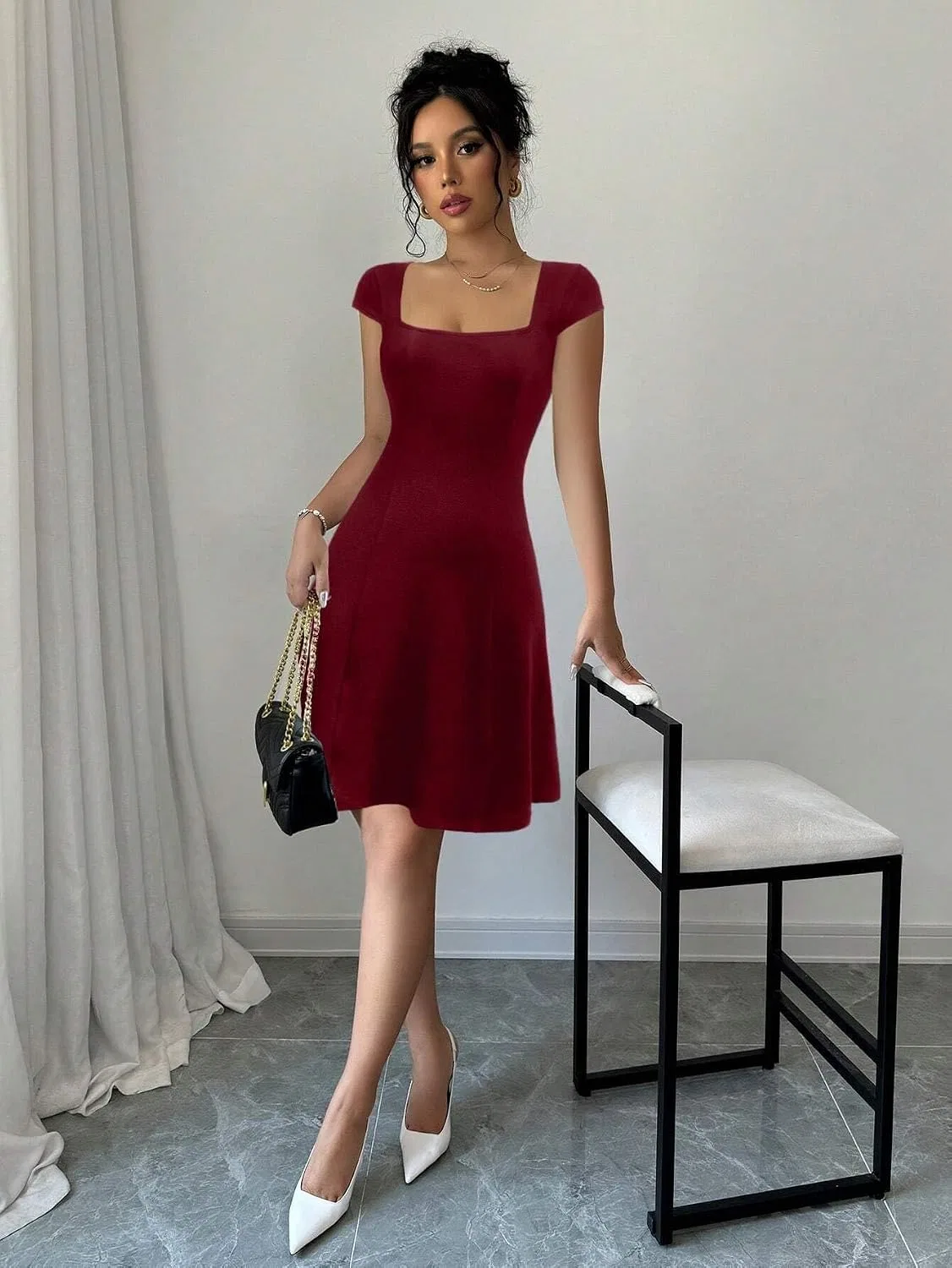 Женское повседневное платье A-силуэта с квадратным вырезом Burgundy — фото 4