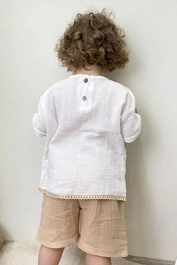 Детская хлопковая рубашка с принтом Unisex Stripe Detailed Children's Muslin Shirt Stripe Meqlife, Off White — фото 4