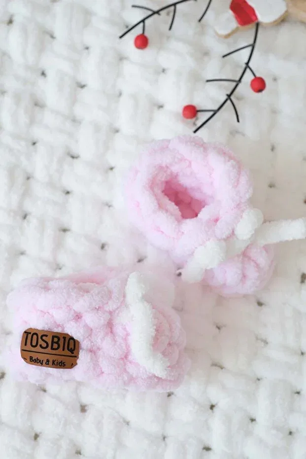 Детские вязаные пинетки для новорожденных девочек с бантиком Bugula, Pink - White