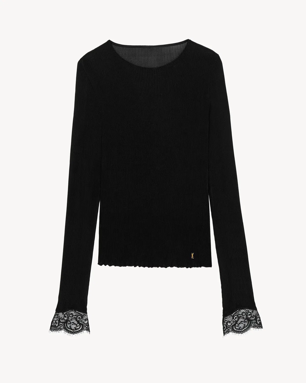 Топ CASSANDRE с кружевными манжетами из ребристого шелкового джерси SAINT LAURENT, черный