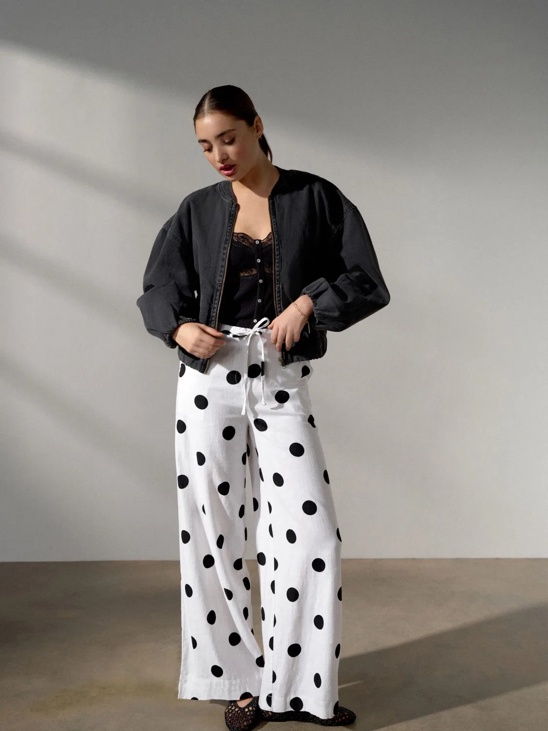Брюки широкие Polka Dot из смеси льна Next, белый/черный горошек