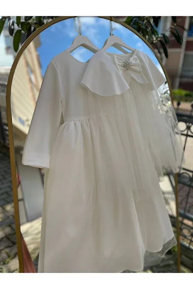 Детское платье для девочек с длинным рукавом Mihrimah Cape Cloak Sare Çocuk Giyim, White — фото 4