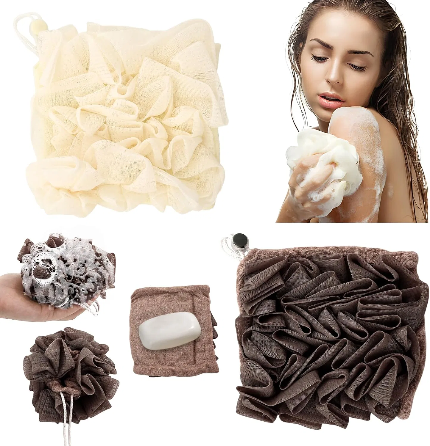Мочалка для мыла с завязками, Giococo, 2 шт, 17x17 см, Coffee