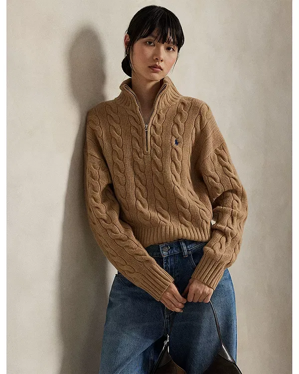 Женский свитер с полузастежкой-молнией Ralph Lauren, Classic Camel Melange — фото 4