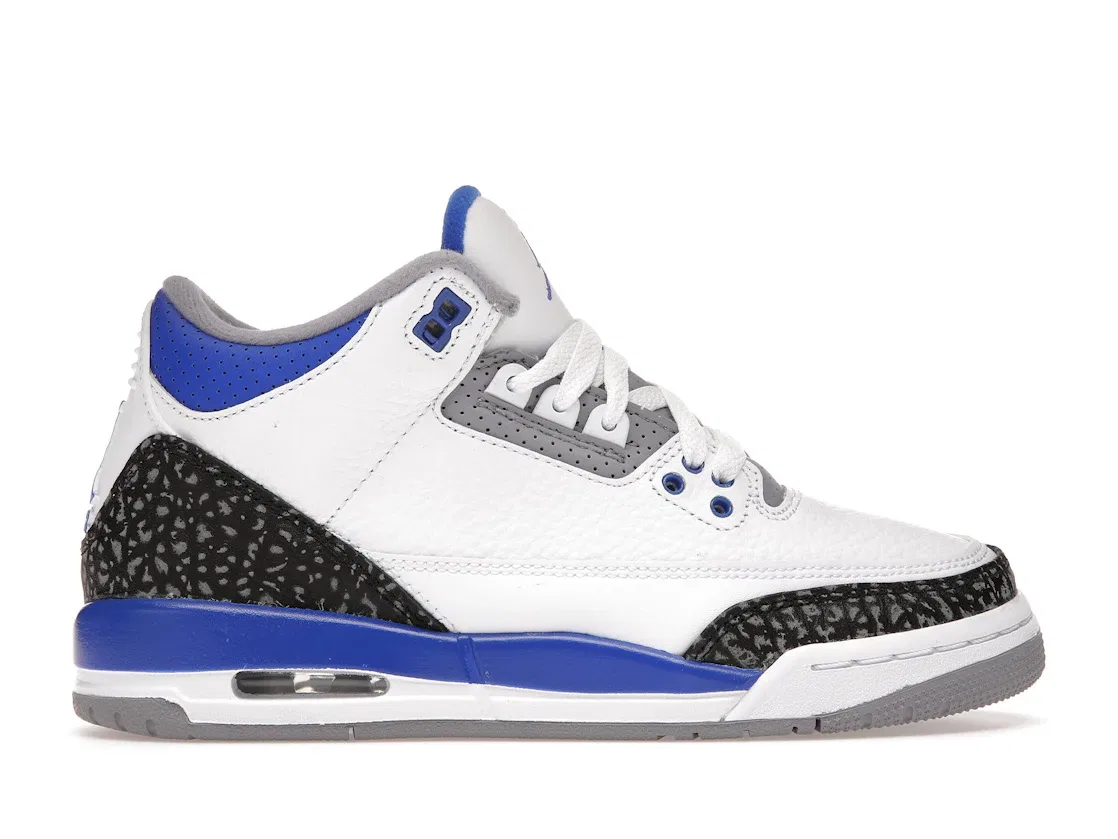 Детские кроссовки Lifestyle с принтом слоновой кости Jordan 3 Retro, White/Black-Cement Grey-Racer Blue