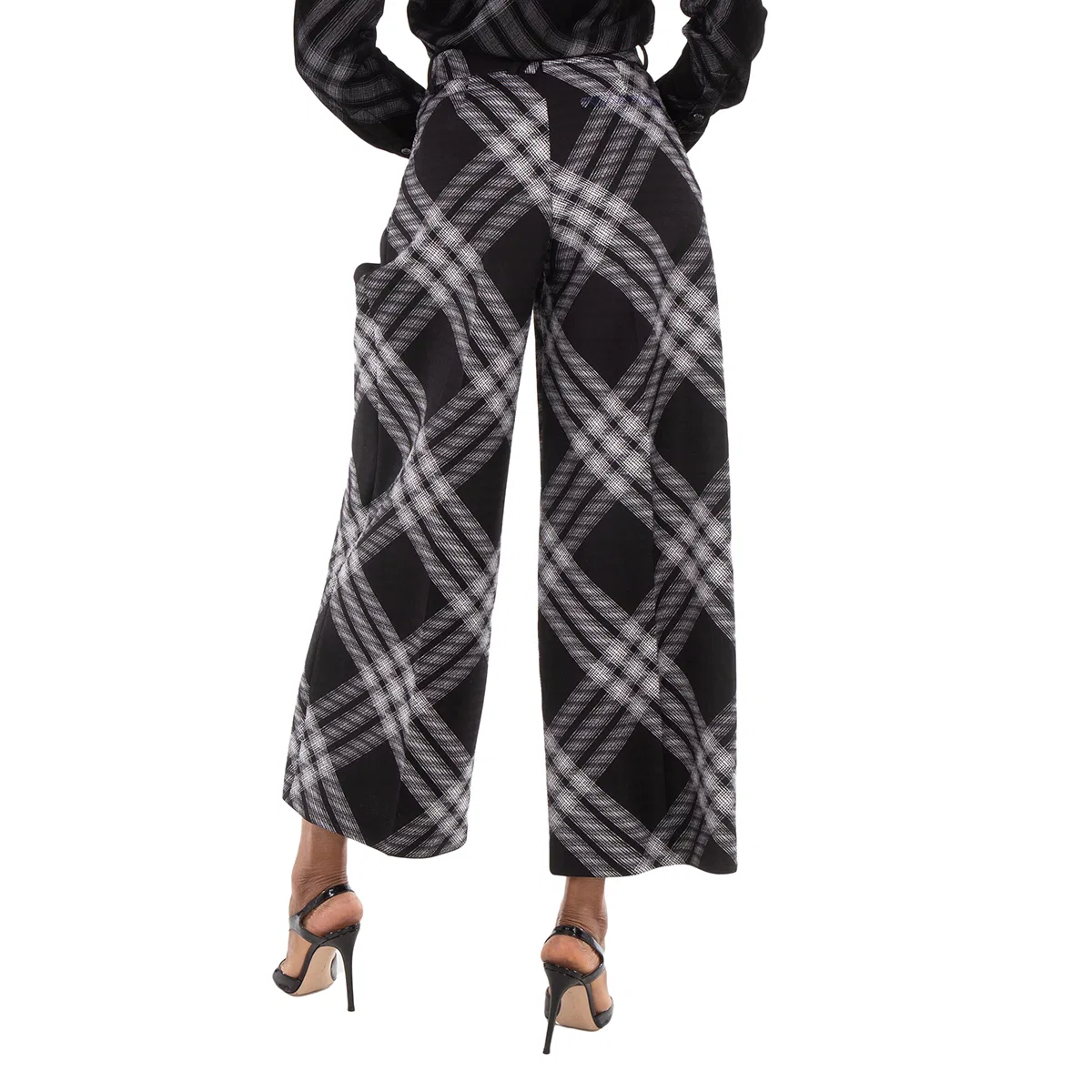 Брюки широкие с принтом Wide-Leg Tartan Wool Boyfriend Trousers Burberry, Monochrome Ip Check — фото 4