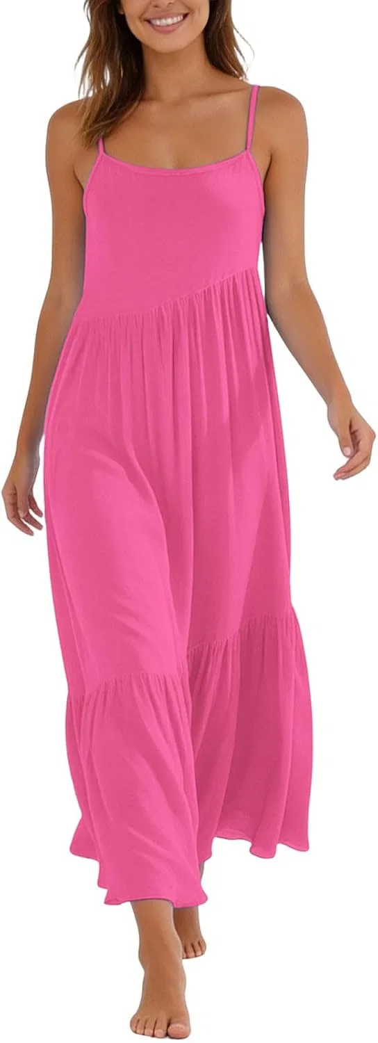 Женское летнее свободное платье макси с открытой спиной, Hot Pink