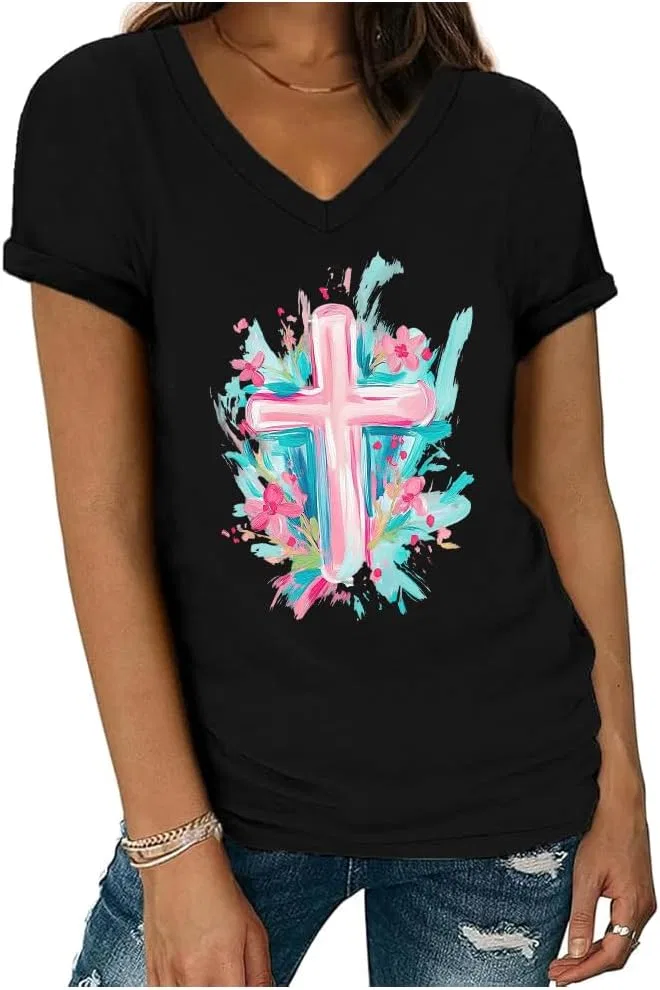 Женская футболка с принтом Easter Cross He is Risen, Black