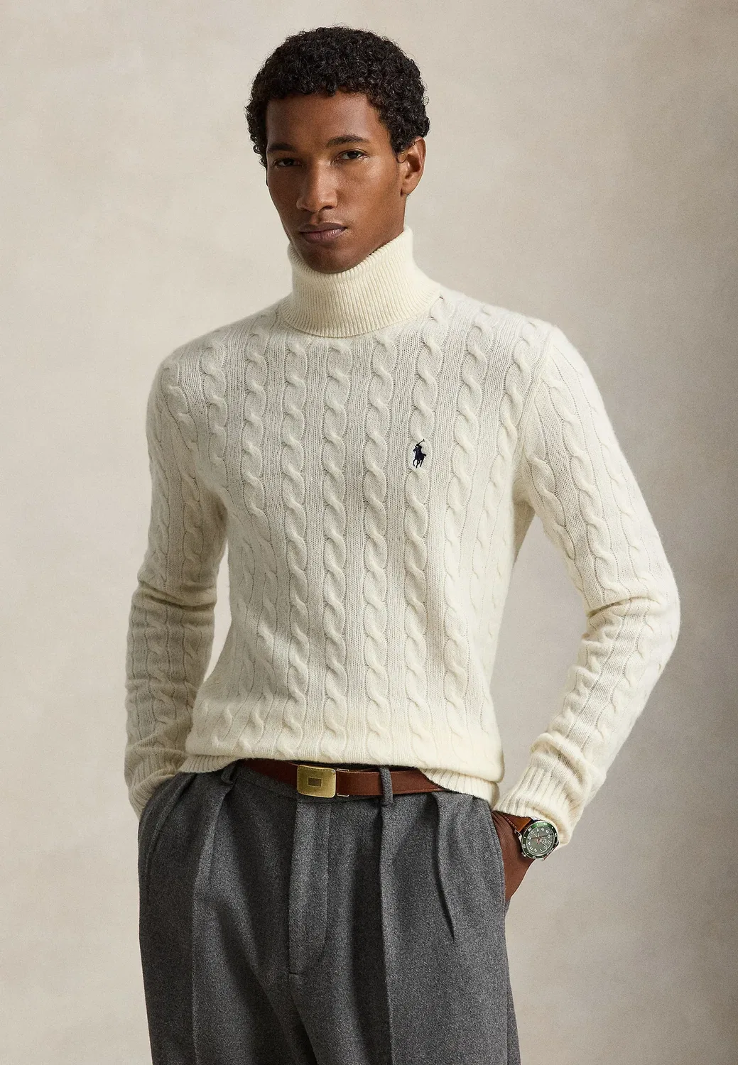 Свитер-Водолазка из шерсти и кашемира с косами Polo Ralph Lauren, Andover Cream