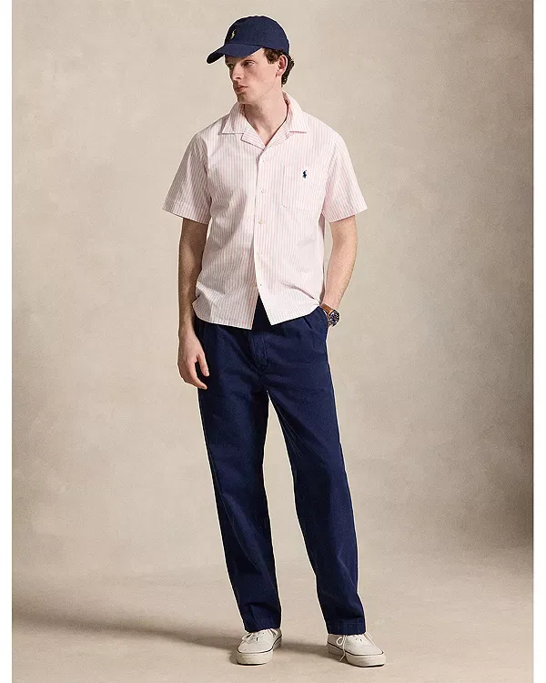 Мужская рубашка с коротким рукавом Classic Fit Stripe Oxford Pocket Polo Ralph Lauren, White/Rose — фото 2