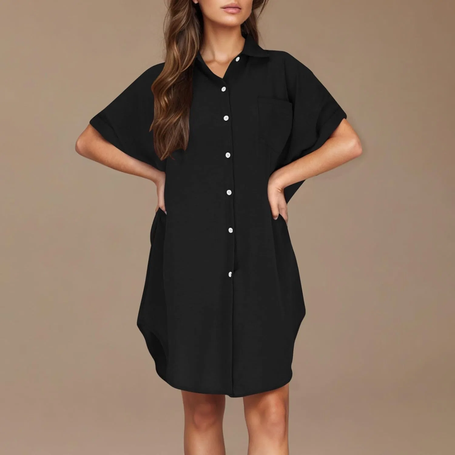Женское летнее платье-макси с коротким рукавом на пуговицах, Black — фото 3