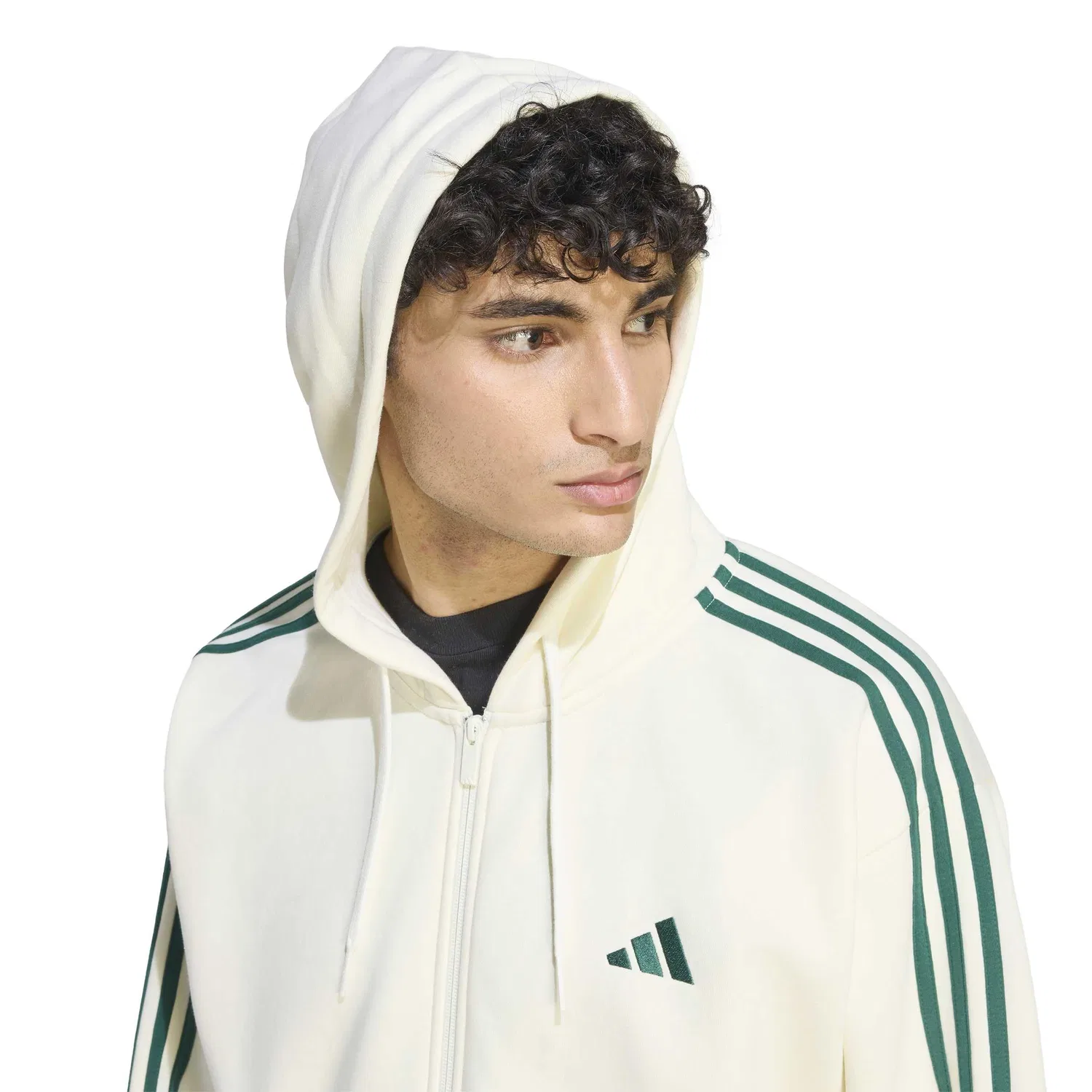 Мужской худи на молнии с флисом и тремя полосками adidas, Ivory/Collegiate Green — фото 3