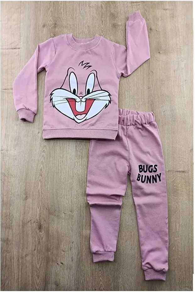 Детский комплект спортивного костюма с принтом для девочек Dried Rose Rabbit Patterned Dubi Baby, Rose Dry
