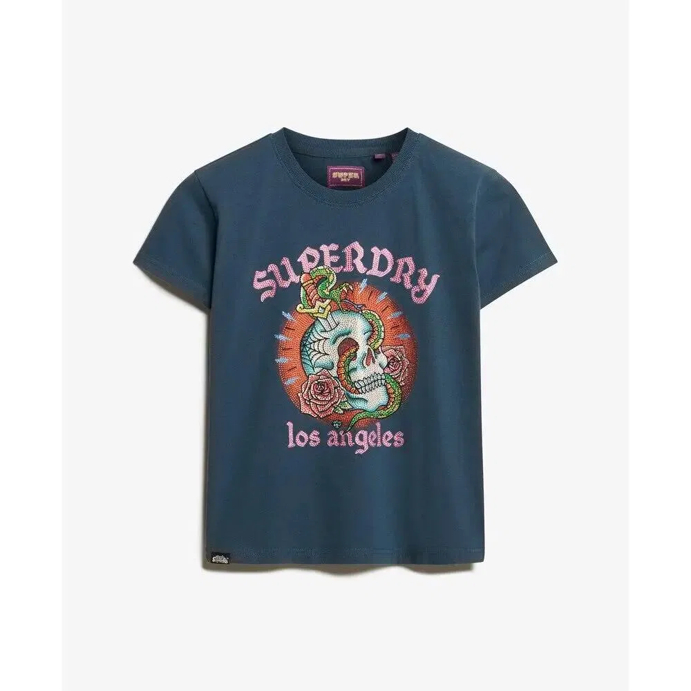 Женская облегающая футболка с принтом T-Shirt mit Strass und Tattoo-Effekt Superdry, Midnight Indigo