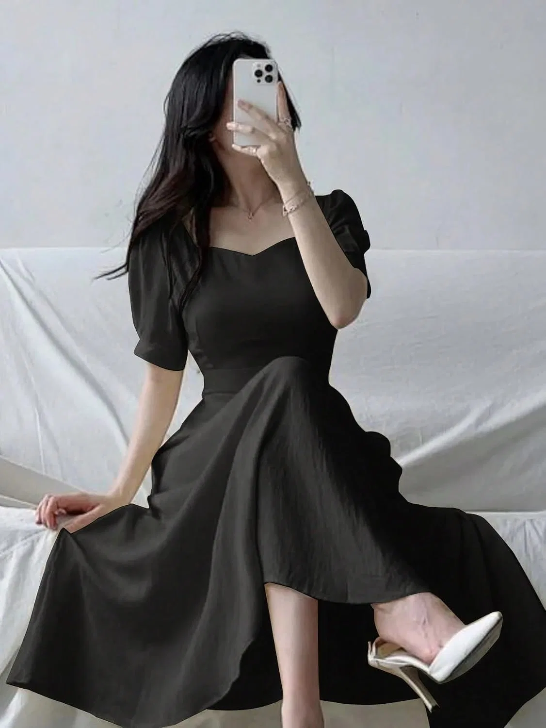 Женское A-силуэта миди-платье с пышными рукавами, Black — фото 4