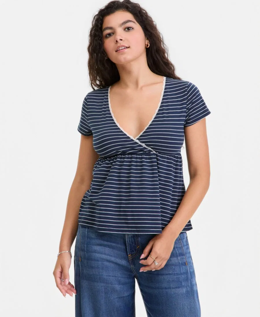 Топ-бэбидолл с запахом, с коротким рукавом, с цветочным принтом Hippie Rose, Navy/White Stripe