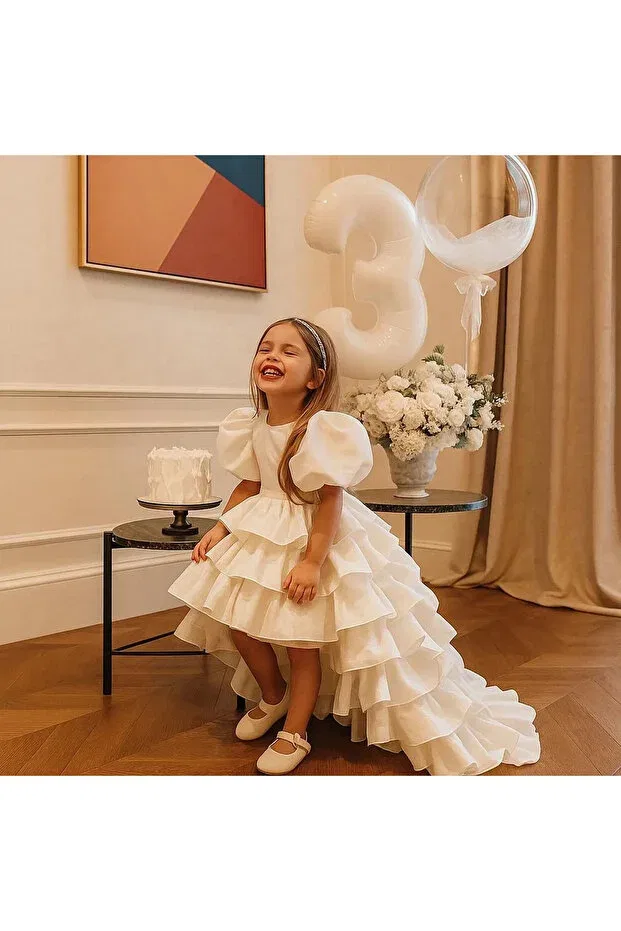 Детское сатиновое платье для девочек с коротким рукавом-фонарик Lilymoon, Off White — фото 2