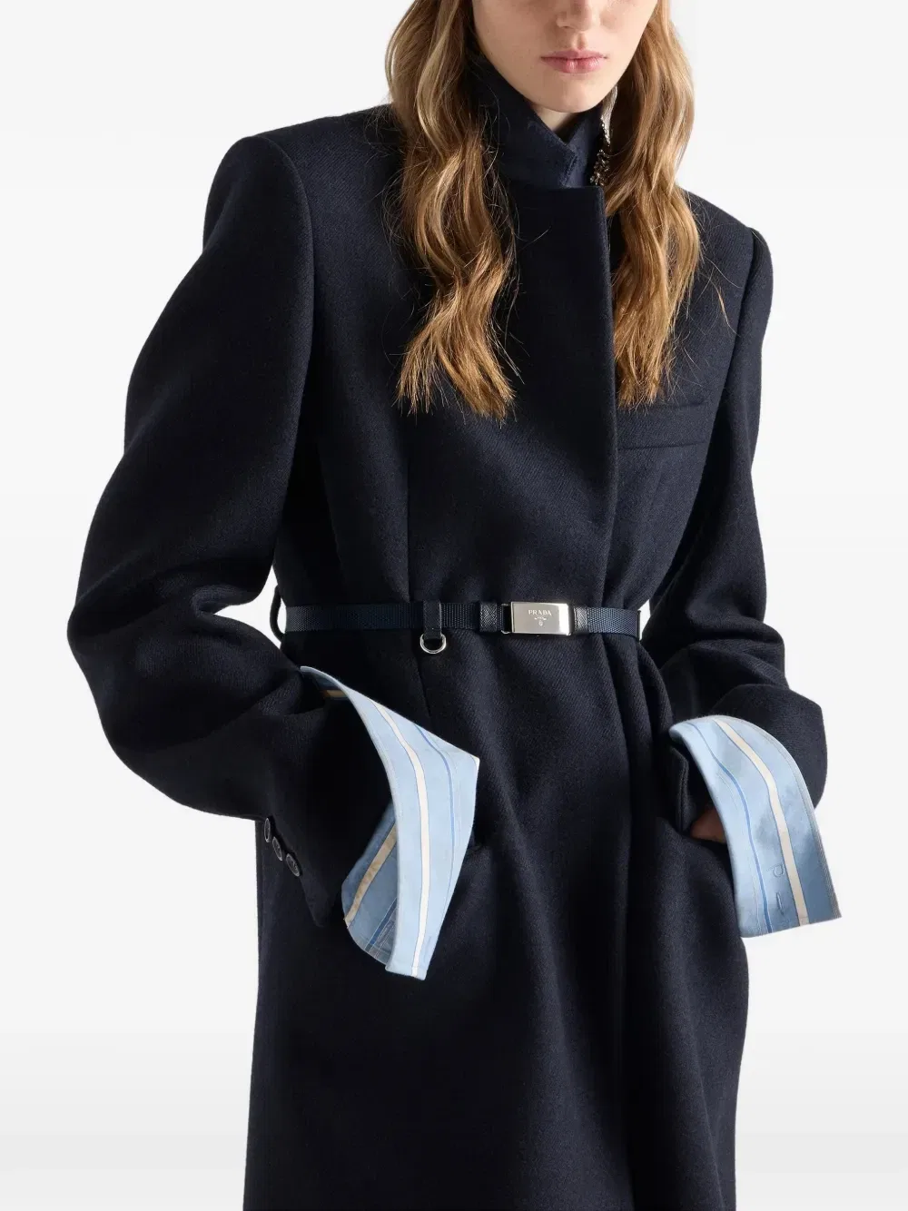 Однобортное пальто из двойной шерсти с вышивкой Prada, синий — фото 4