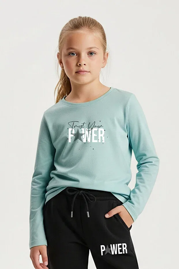 Детский комплект свитшота и брюк с принтом Round Neck Power Printed Girls Tracksuit Set Panios Kids, Mint — фото 2
