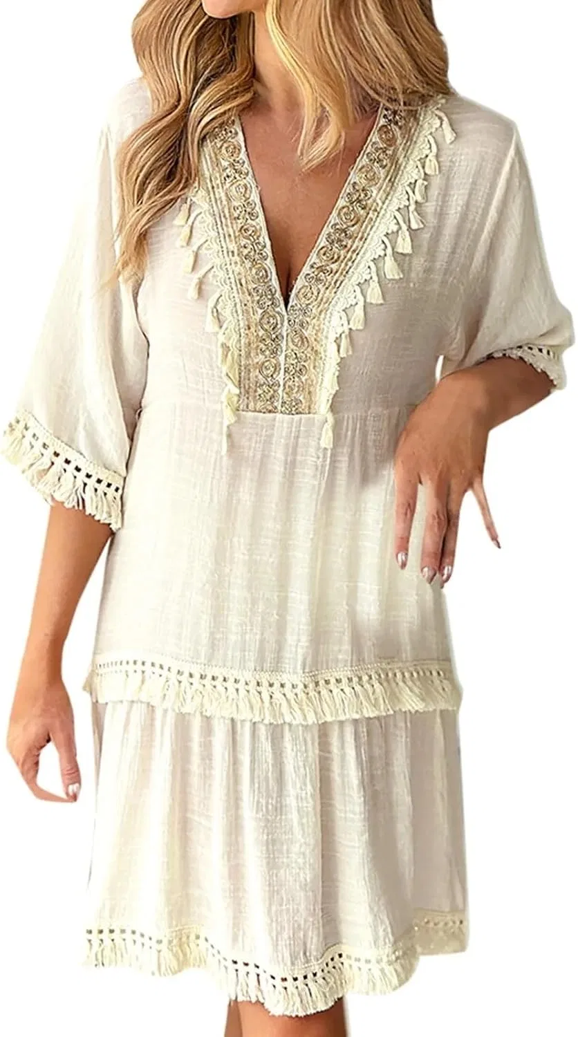Женское летнее платье V-образным вырезом, Beige