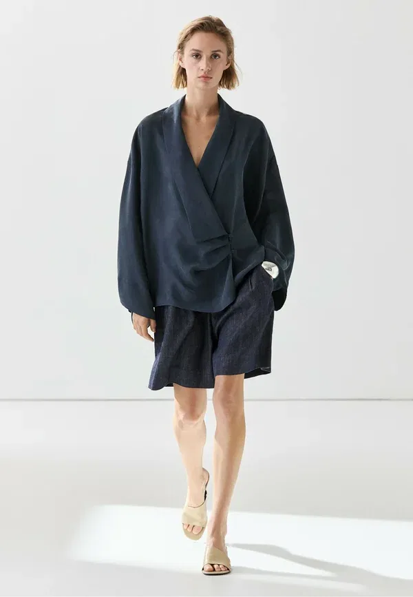 Блуза из купро, Plain, Blouse, Massimo Dutti, mottled dark blue, темно-синий — фото 4