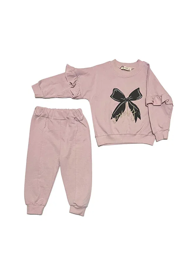 Детский комплект свитшота и брюк с принтом Bow Printed Tracksuit Set Minikaya, Pink