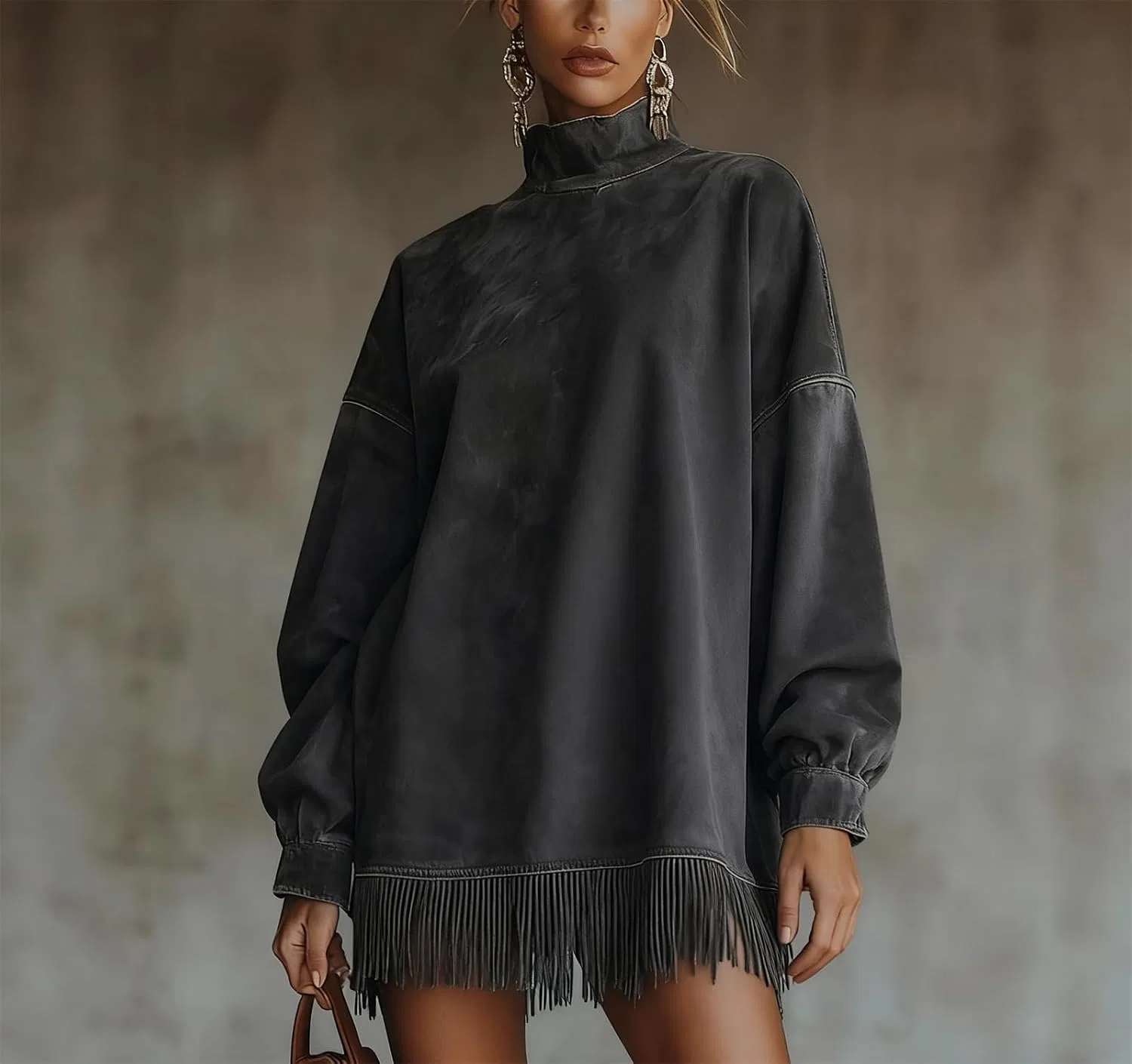 Женское платье мини с бахромой и высоким воротом, Black — фото 3