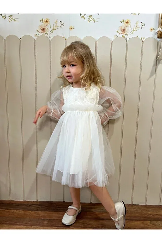 Детское платье для девочек с длинным рукавом White flower girl dress Ministok, Ecru — фото 3