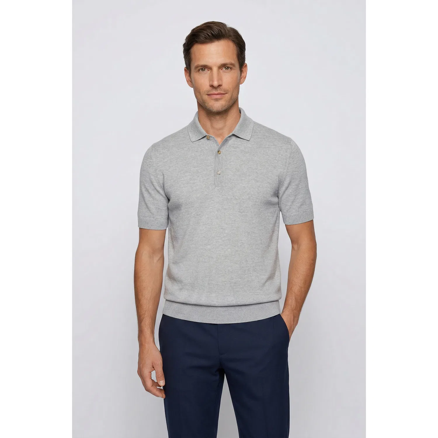 Мужской пуловер с поло и короткой застежкой BOSS, Open Grey